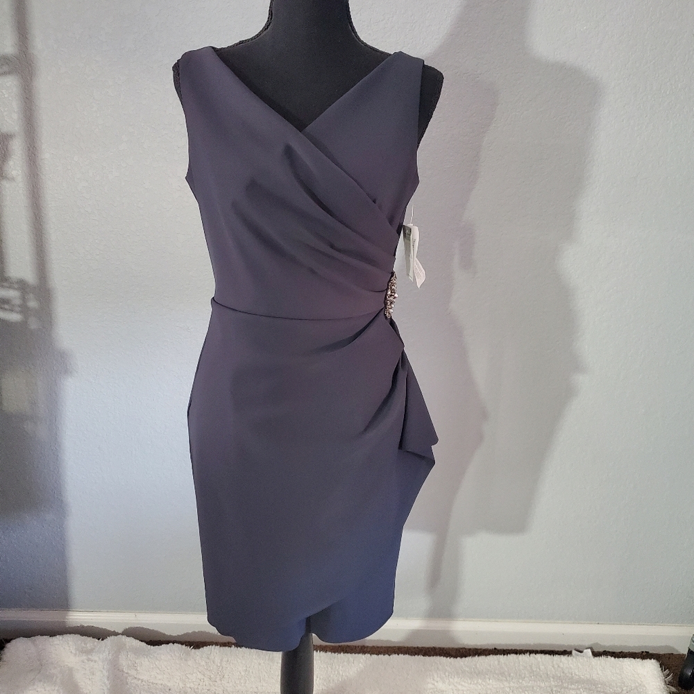 Alex Evenings Faux Wrap Fitted Dress with Jewel Accent - Picture 2 of 10